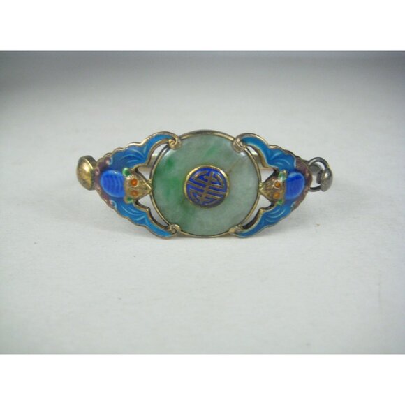 Antique Enamel Cloisonné Jade Bracelet Chinese Export Silver Enamel Bats Symbols - Picture 10 of 14